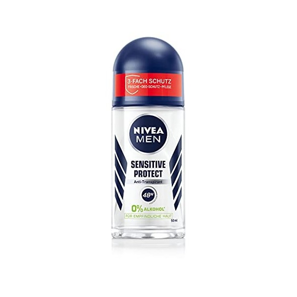 NIVEA MEN Sensitive Protect Déodorant roll-on 50 ml anti-transpirant pour peaux sensibles, protège contre lhumidité des ai