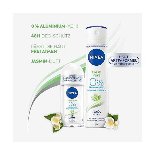 NIVEA Fresh Pure Déodorant Roll-On 50 ml , Aluminium ACH avec parfum de jasmin et formule rafraîchissante, déodorant avec 