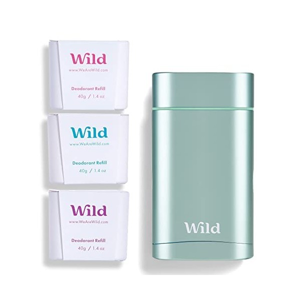 Wild - Déodorant Naturel Rechargeable - Sans Aluminium - Etui Aqua avec Lot Varié de Recharge 3 x 40g - Comprend Fresh Cott