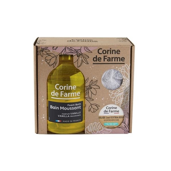 Corine de Farme - Coffret Bain Moussant Parfum Vanille - Bain Moussant Parfum Vanille 1L + 3en1 Solide 75g + 1 Fleur de douch