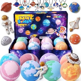Tacobear Espace Bombe de Bain Enfant avec Surprise Magnet Frigo Collier, 8pcs Planète Coffret Boules de Bain Effervescentes M