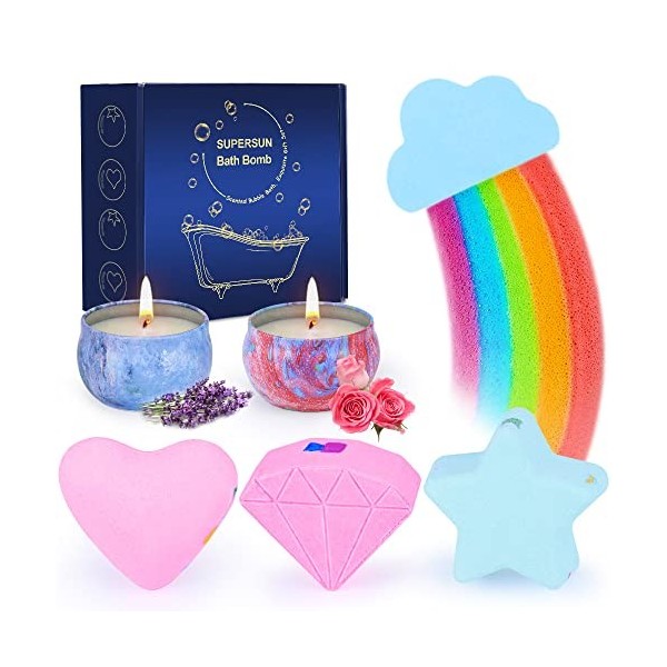 4 Cadeaux De Bombes De Bain Arc-en-ciel Pour Femmes Avec 2 Bougies Parfumées, Ensemble Cadeau De Bains De Boules De Bain Pour