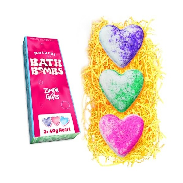 Lot de 3 bombes de bain Love Heart Value de Zimpli Gifts, cadeau de beauté pétillant pour spa, pour femme, elle, épouse, peti