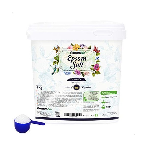 Nortembio Sel dEpsom 6 Kg. Source Concentrée de Magnésium Naturel. Sel de Bain 100% Pur, Sans Additifs. Détente Musculaire e