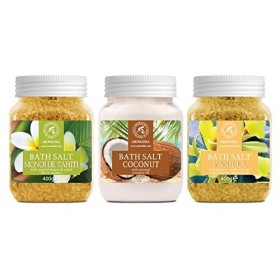 Sels de Bain Set 3x400g de Monoï de Tahiti - Coco - Vanille - 100% Naturelle Sels - Bon Sommeil - Bain Relaxant - Soins du Co
