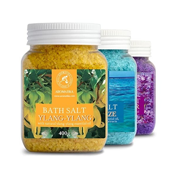 Sels de Bain Set 3x400g de Lavande - Sea Breeze - Ylang-Ylang - 100% Naturelle - Idéal pour Bien Dormir - Soulagement du Stre