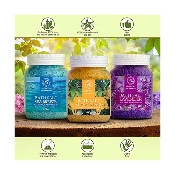 Sels de Bain Set 3x400g de Lavande - Sea Breeze - Ylang-Ylang - 100% Naturelle - Idéal pour Bien Dormir - Soulagement du Stre