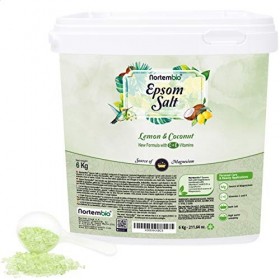Nortembio Sel dEpsom 6 Kg. Sel de Bain Arôme de Citron et de Noix de Coco. Sulfate de Magnésium Hydraté avec de la Vitamin C