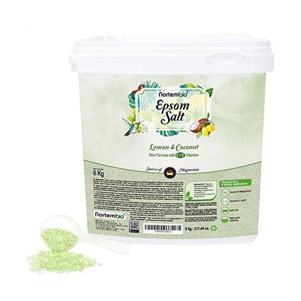 Nortembio Sel dEpsom 6 Kg. Sel de Bain Arôme de Citron et de Noix de Coco. Sulfate de Magnésium Hydraté avec de la Vitamin C