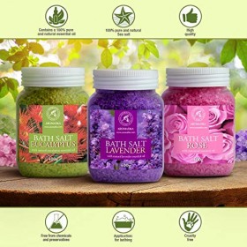 Sels de Bain Set 3x400g de Lavande - Rosa - Eucalyptus - 100% Naturelle - Idéal pour Bien Dormir - Soulagement du Stress - Ba
