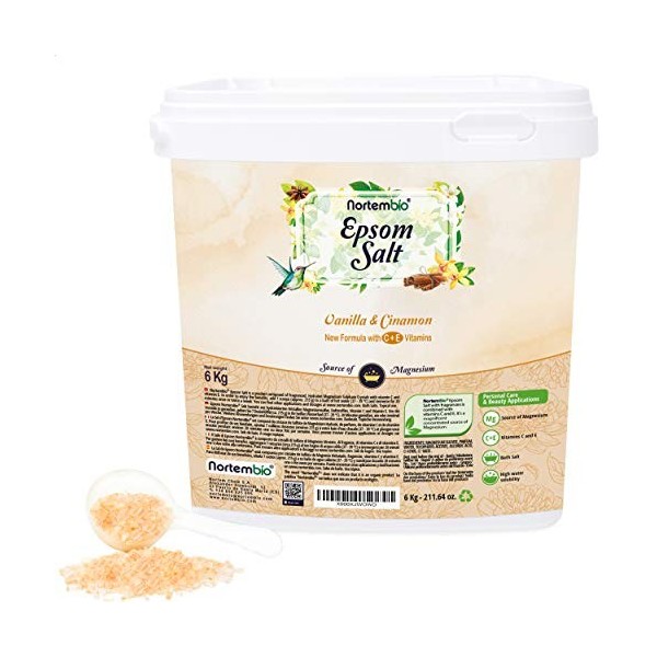 Nortembio Sel dEpsom 6 Kg. Sel de Bain Arôme de Vanille et de Cannelle. Sulfate de Magnésium Hydraté avec de la Vitamin C et