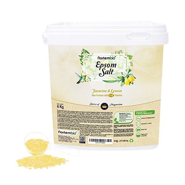 Nortembio Sel dEpsom 6 Kg. Sel de Bain Arôme de Vanille et de Cannelle. Sulfate de Magnésium Hydraté avec de la Vitamin C et