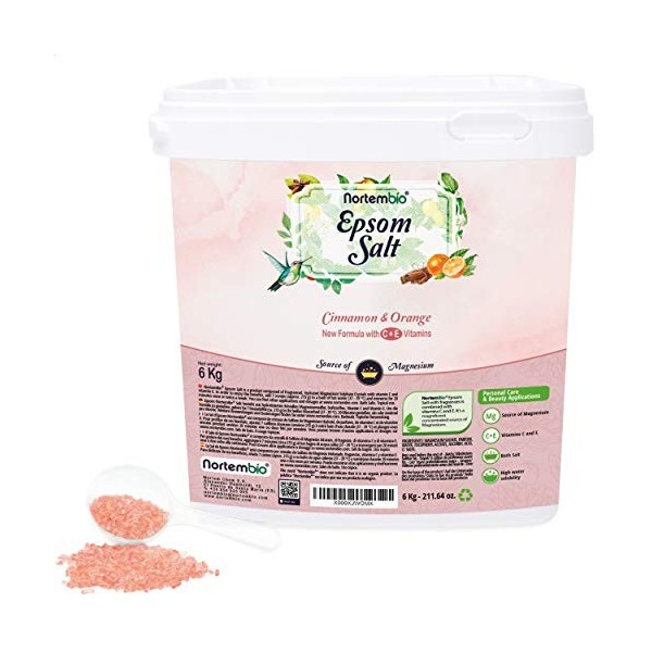 Nortembio Sel dEpsom 6 Kg. Sel de Bain Arôme de Vanille et de Cannelle. Sulfate de Magnésium Hydraté avec de la Vitamin C et