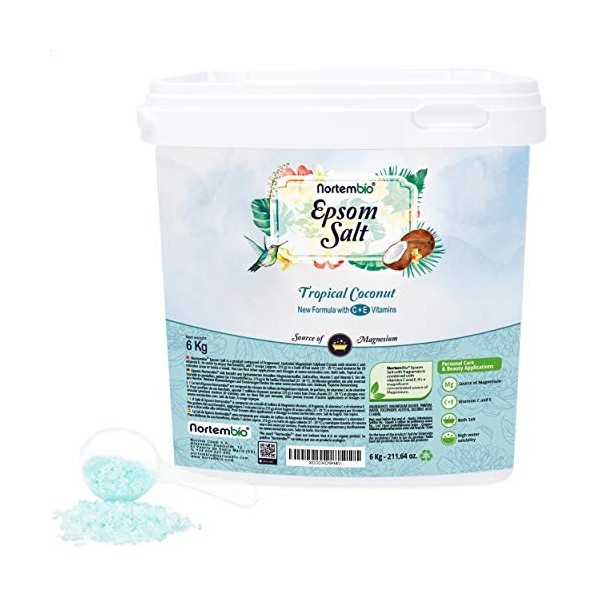 Nortembio Sel dEpsom 6 Kg. Sel de Bain Arôme de Vanille et de Cannelle. Sulfate de Magnésium Hydraté avec de la Vitamin C et