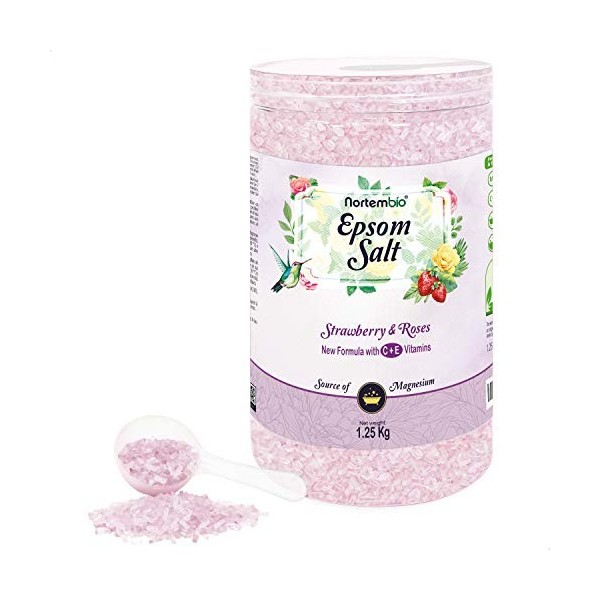 Nortembio Sel dEpsom 1,25 Kg. Sel de Bain avec Arôme de Fraise et de Roses. Sulfate de Magnésium Hydraté avec de la Vitamin 