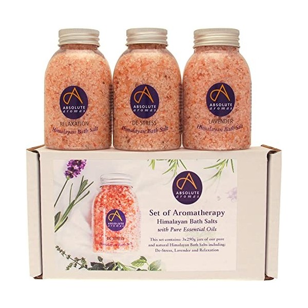 Absolute Aromas Coffret de Sels de Bain Rose de lHimalaya - Anti-Stress, Lavande et Relaxation - 3 x Sels de Bain Himalayens