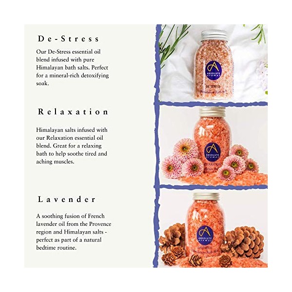 Absolute Aromas Coffret de Sels de Bain Rose de lHimalaya - Anti-Stress, Lavande et Relaxation - 3 x Sels de Bain Himalayens
