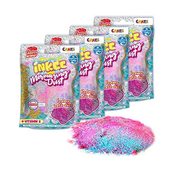 Craze INKEE MERMAZING Dust Lot de 4 poudres sel additif coloré au Parfum de Cerise Gel Douche Bain Amusant pour Enfants 3 Cou