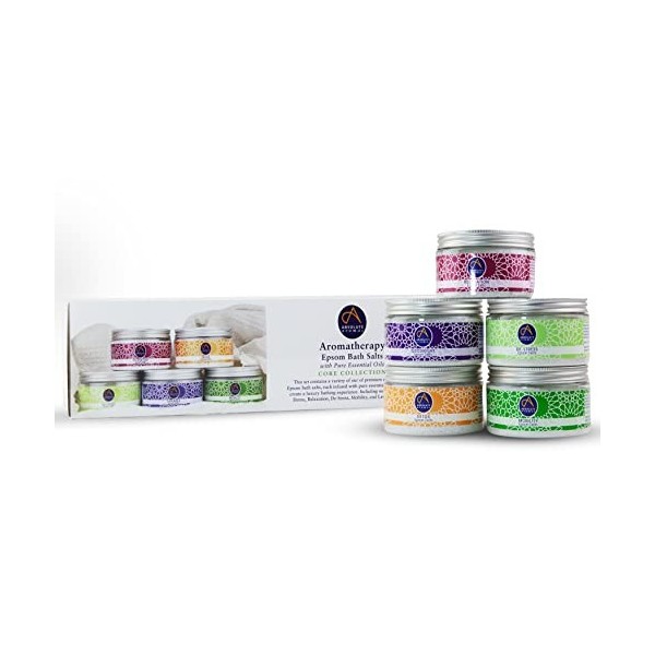 Absolute Aromas Coffret Cadeau de Sels de Epsom - 5 x 300 g de Sels de Bain De-Stress, Detox, Lavender, Mobility et Relaxatio