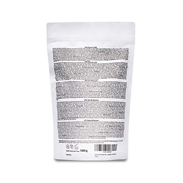 Sels de Bain 1kg - Sels Epsom 1000g - 100% Naturel Magnésium - Relaxation & Détoxification - Apaisant et Soulage les Muscles 