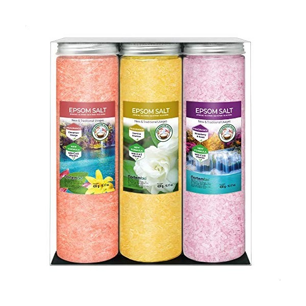 Nortembio Sels d’Epsom Pack 3 x 430 g. Fragances de Cannelle, Jasmin, Roses. Hydratés avec de la Vitamine C et E. Sels de Bai