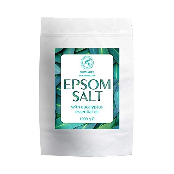 Sel de Bain Epsom Eucalyptus 1kg avec lHuile Essentielle dEucalyptus - Sels dEpsom Purs à 100% - Cristaux de Sulfate de Ma