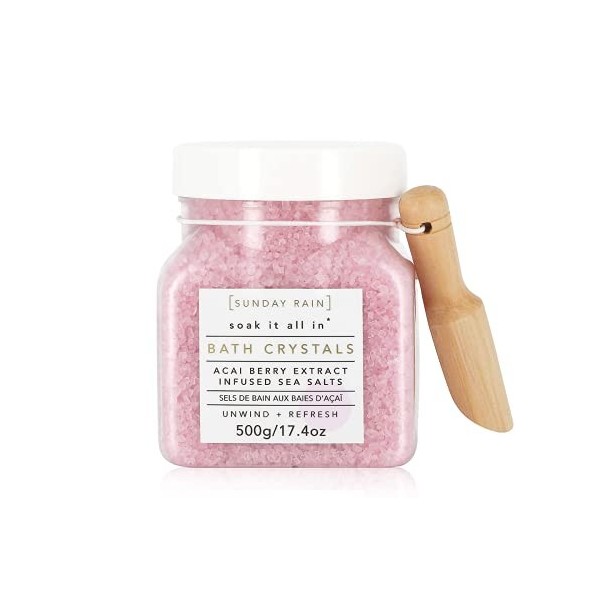 Sunday Rain Cristaux de bain tropicaux nourrissants de luxe avec extraits de baies daçaï riches en vitamines et sels de mer 