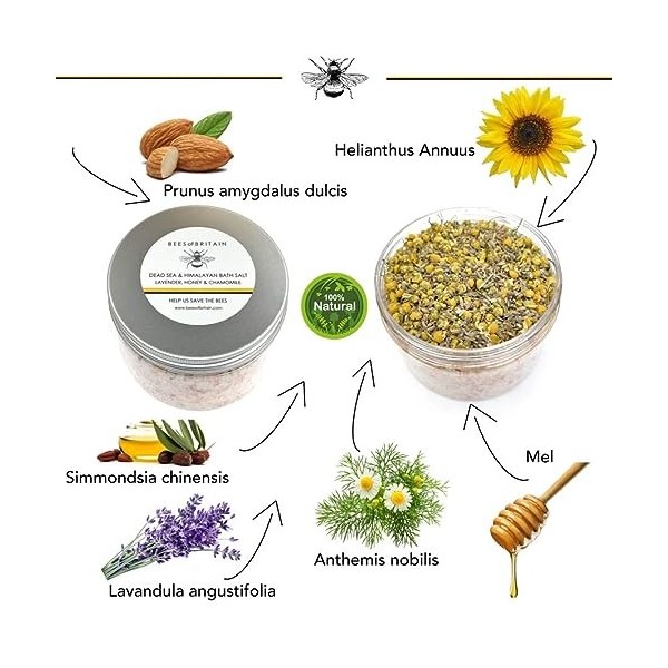 100% Naturel SEL ROSE DU HIMALAYA ET DE LA MER MORTE pour LE BAIN - MIEL, LAVANDE & CAMOMILLE - 450g de BEES of BRITAIN. On D