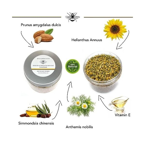 100% Naturel SEL ROSE DU HIMALAYA ET DE LA MER MORTE pour LE BAIN - CAMOMILLE - 450g de BEES of BRITAIN. On Donne 5% de Bénéf