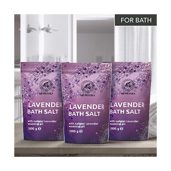 Sel de Bain Lavande 3x1000g - Sel de Mer avec Huile de Lavande Essentielle 100% Naturel - Bon Sommeil - Soulagement du Stress