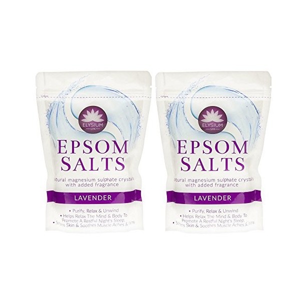 Elysium Spa Epsom Lot de 2 sels de bain en sulfate de magnésium naturel Lavande 450 g