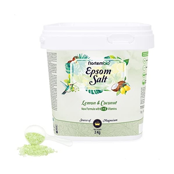 Nortembio Sel dEpsom 3 Kg. Sel de Bain Arôme de Citron et de Noix de Coco. Sulfate de Magnésium Hydraté avec de la Vitamin C