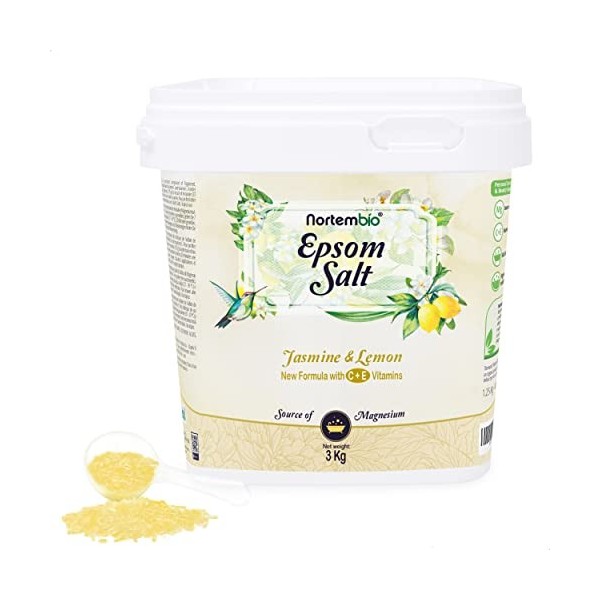 Nortembio Sel dEpsom 3 Kg. Sel de Bain Arôme de Citron et de Noix de Coco. Sulfate de Magnésium Hydraté avec de la Vitamin C