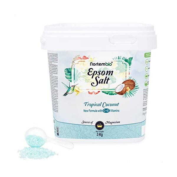 Nortembio Sel dEpsom 3 Kg. Sel de Bain Arôme de Citron et de Noix de Coco. Sulfate de Magnésium Hydraté avec de la Vitamin C