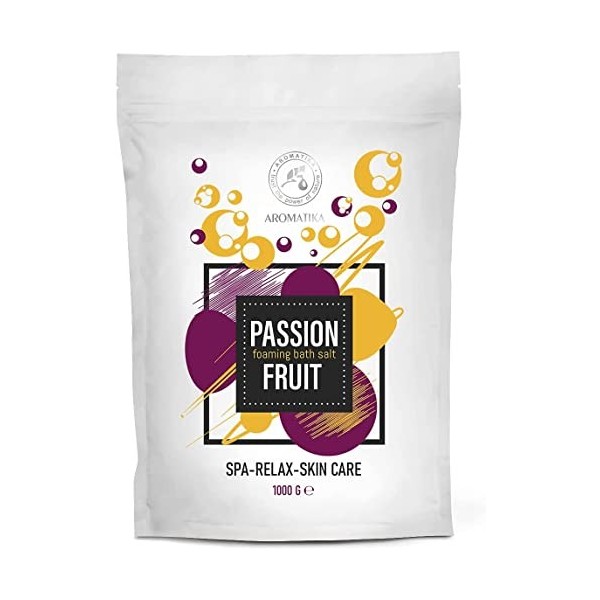 Sels de Bain Moussant Fruit de la Passion 1000g - Sels Marins Aromatisés Huile Essentielle Amandes et Pépins de Raisin et Ext