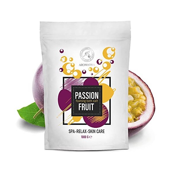 Sels de Bain Moussant Fruit de la Passion 1000g - Sels Marins Aromatisés Huile Essentielle Amandes et Pépins de Raisin et Ext