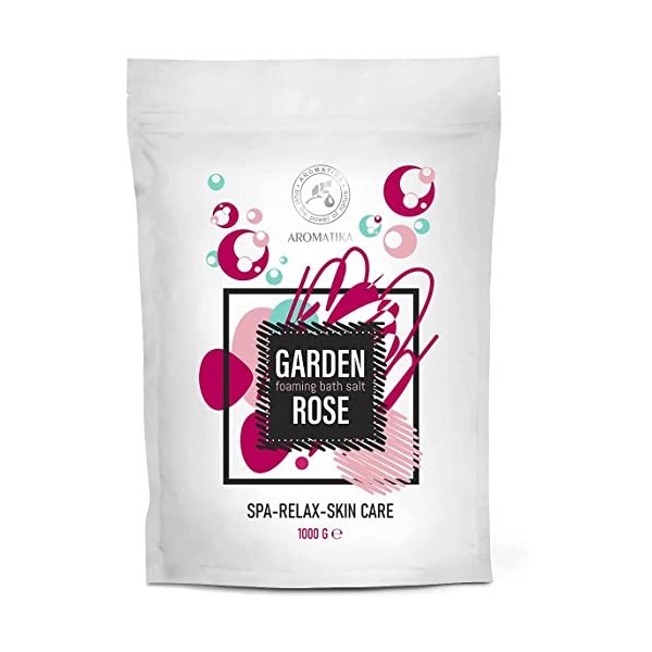 Sels de Bain Moussant Rose 1000g - Sels Marins Aromatisés Huile Amandes et Bois de Rose et Extrait de la Fleur de Rosa Damasc