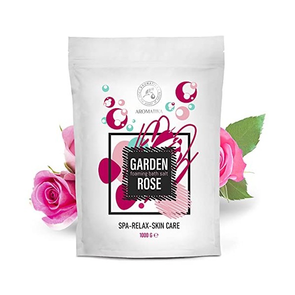 Sels de Bain Moussant Rose 1000g - Sels Marins Aromatisés Huile Amandes et Bois de Rose et Extrait de la Fleur de Rosa Damasc