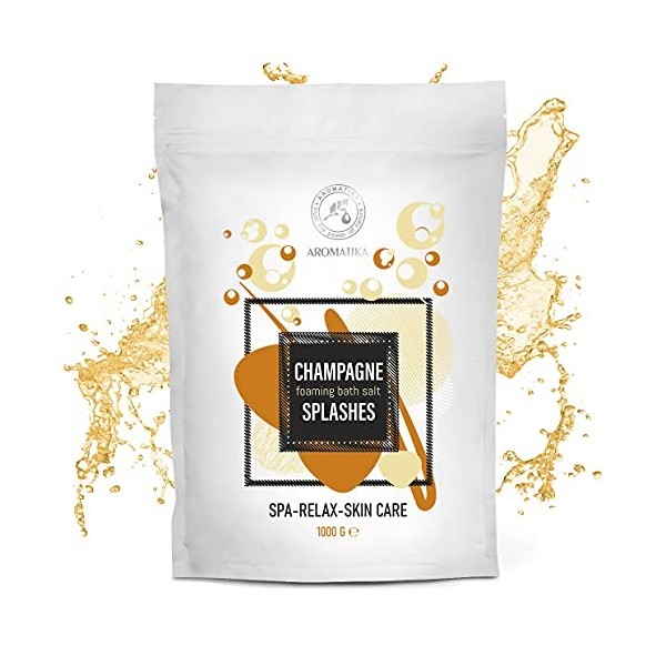 Sels de Bain Moussant Éclaboussures de Champagne 1000g - Sels Marins Aromatisés Huile Amandes - Sels de Mer Apaisantes et Rel