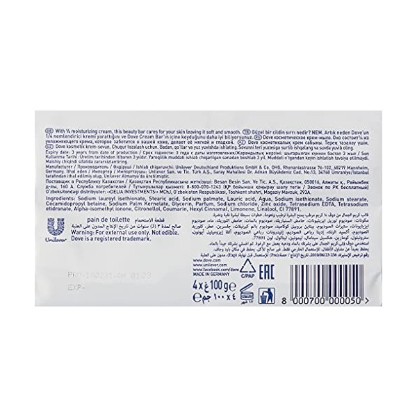 Dove Savon Pain de Toilette Original, Pour une peau douce et hydratée, Agents nettoyants doux, 4x100g