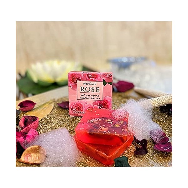 Barres de savon naturel faites à la main ROSE avec eau de rose, fleurs de rose et huile de noix de coco, apaisantes, nettoyan