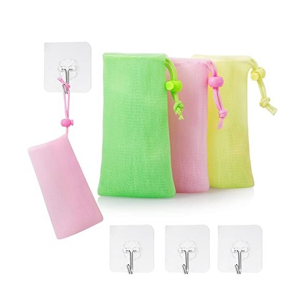 Refongyabo Lot de 3 pochettes à savon exfoliantes et crochets transparents étanches de 15 kg. Sacs à savon pour la douche. Sa