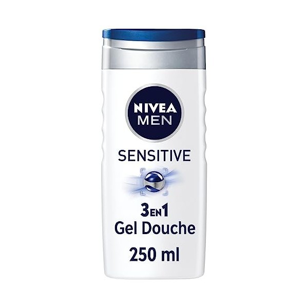 NIVEA MEN Gel Douche Sensitive 3 en 1 1 x 250 ml , gel douche homme pour peau sensible, nettoyant doux pour corps, cheveux e