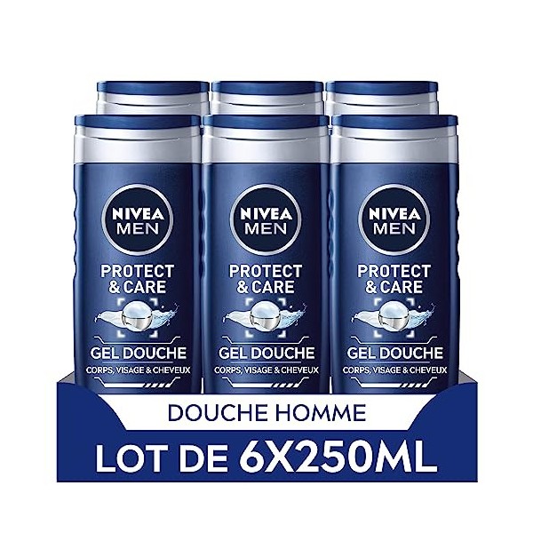 NIVEA Gel douche Protect & Care lot de 6 x 250 ml , Gel douche homme 3-en-1hydratant, Soin lavant à la formule hydratante en