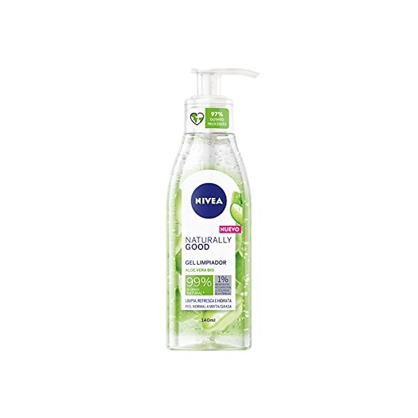 NIVEA Naturally Good Gel Limpiador con Aloe Vera Bio 1 x 140 ml , desmaquillante facial con 99% de ingredientes naturales, g