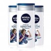 NIVEA MEN Gel Douche Sensitive 3 en 1 3 x 250 ml , gel douche homme pour peau sensible, nettoyant doux pour corps, cheveux e