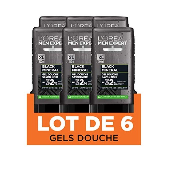 LOréal Paris Men Expert Black Mineral Gel Douche Anti-Imperfections Homme 300 ml - Pack de 6