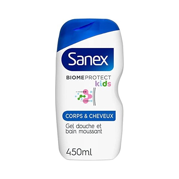 SANEX-Gel Douche et bains Biomeprotect Dermo Kids pour enfant Corps & Cheveux - Respectueux de la Peau - Flacon de 450ml