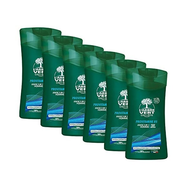 Larbre vert Bien-être Douche Homme 3 en 1 Visage, Corps & Cheveux Provitamine B5 - Pack de 6