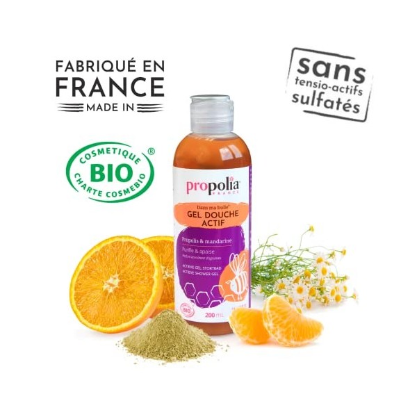 PROPOLIA - Bio - Gel douche Actif Propolis / Mandarine / Camomille - Purifiant et Apaisant - Enfants et Adultes - Fabriqué en